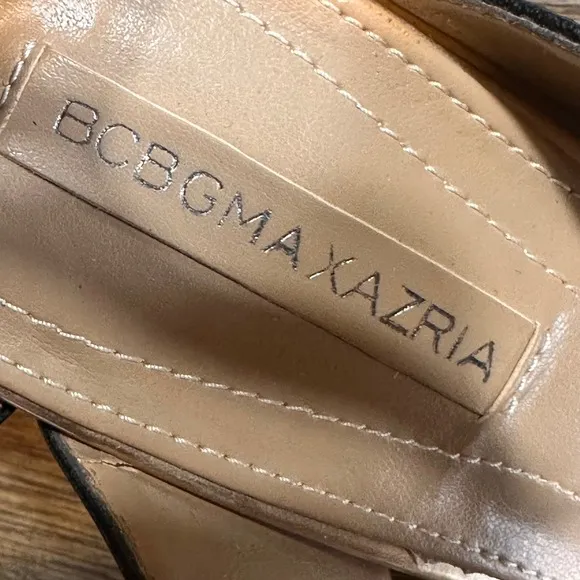 BCBGMAXAZRIA Vero Cuoio Heels Gold Black Leather Strap Stiletto Sandals 7.5