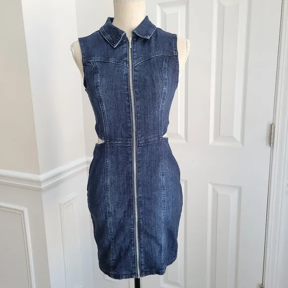Bebe Front Zip‎ Side Cut Out Denim Mini Dress