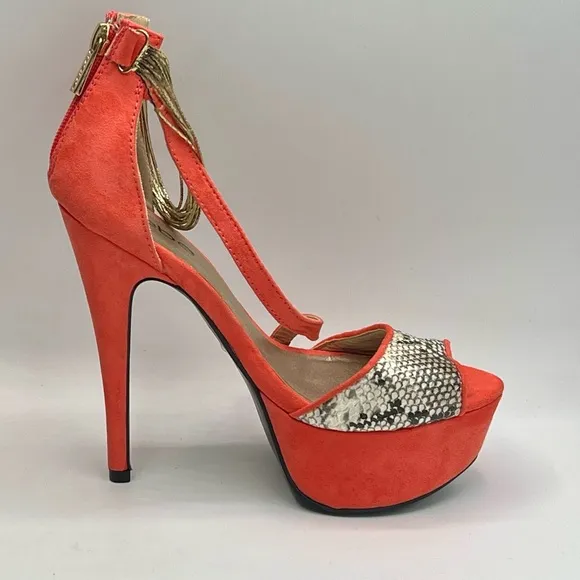 BEBE Orange Peeptoe Sandals Gold Chain Detail &amp; 5.5”/1.5” Platform Heels Sz 6.5