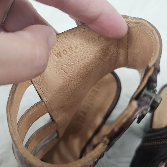 Bed Stu Occam Wedge Caged Sandals Sz 8 Teak Rustic Leather Peep Heels