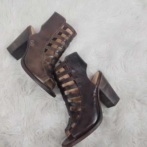 Bed Stu Occam Wedge Caged Sandals Sz 8 Teak Rustic Leather Peep Heels