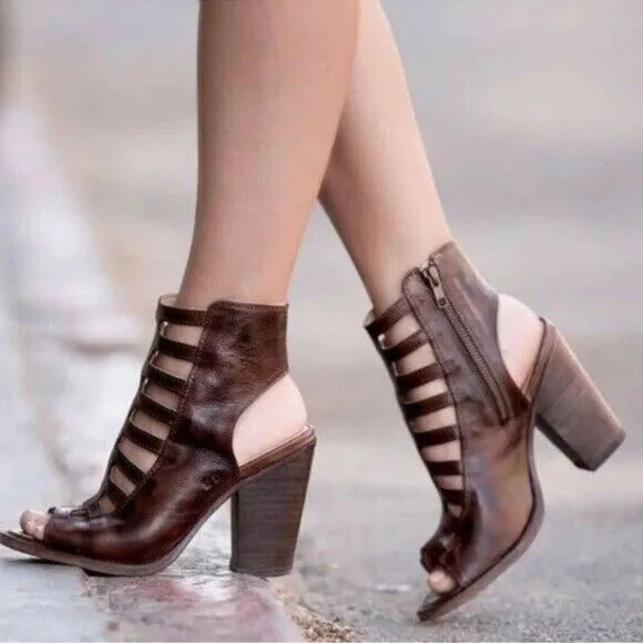 Bed Stu Occam Wedge Caged Sandals Sz 8 Teak Rustic Leather Peep Heels