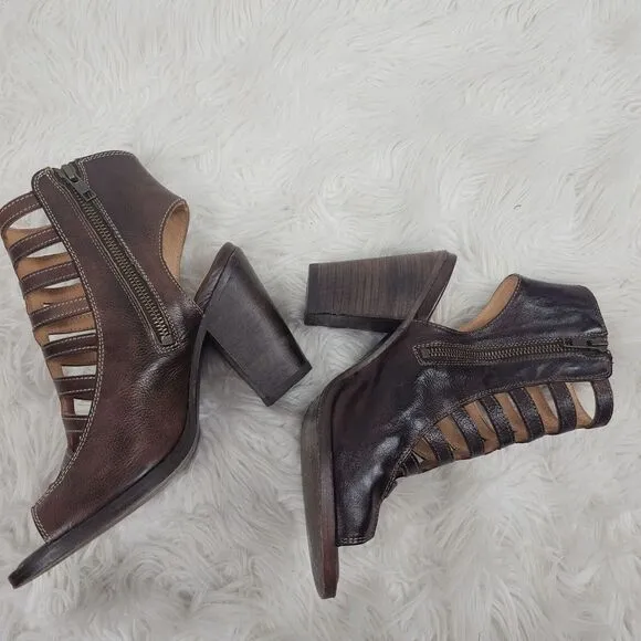 Bed Stu Occam Wedge Caged Sandals Sz 8 Teak Rustic Leather Peep Heels