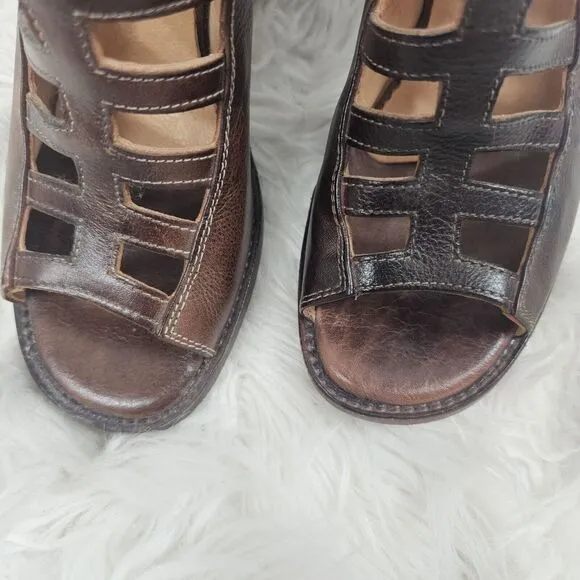 Bed Stu Occam Wedge Caged Sandals Sz 8 Teak Rustic Leather Peep Heels