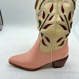 Beige Women Western Cowboy Knee High Boots Embroidered Wide Calf Cowgirl Boots