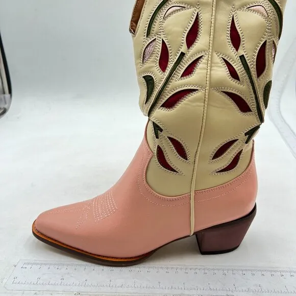 Beige Women Western Cowboy Knee High Boots Embroidered Wide Calf Cowgirl Boots