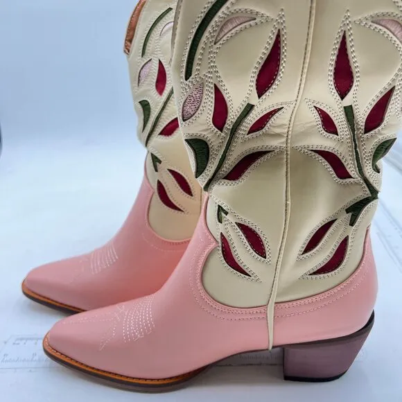 Beige Women Western Cowboy Knee High Boots Embroidered Wide Calf Cowgirl Boots