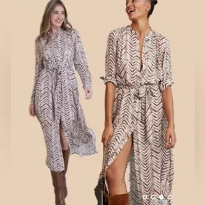 Bella Dahl Willow Goldie Flowy Midi Wrap Shirtdress Golden Chevron Print NWT