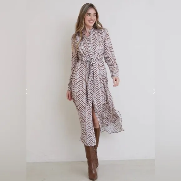 Bella Dahl Willow Goldie Flowy Midi Wrap Shirtdress Golden Chevron Print NWT