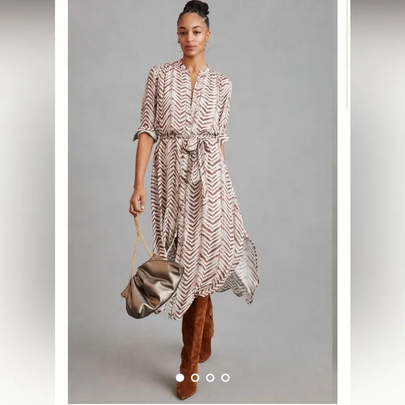 Bella Dahl Willow Goldie Flowy Midi Wrap Shirtdress Golden Chevron Print NWT