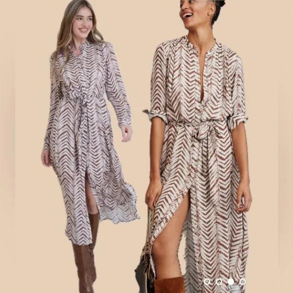 Bella Dahl Willow Goldie Flowy Midi Wrap Shirtdress Golden Chevron Print NWT