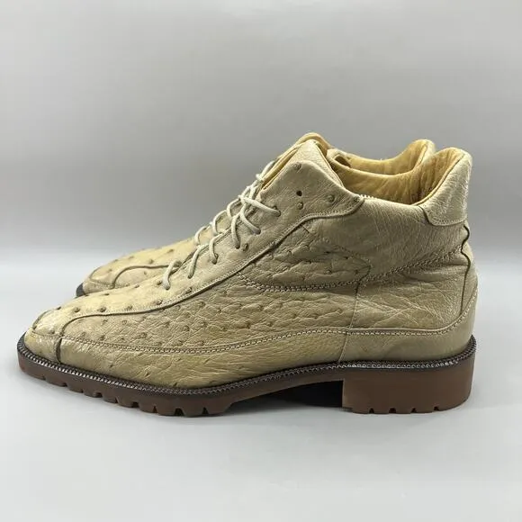 Belvedere Pero Ostrich Dress Boots Men Size 11 Beige Mid Top Leather Lace Shoes