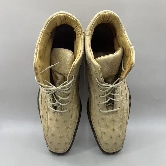 Belvedere Pero Ostrich Dress Boots Men Size 11 Beige Mid Top Leather Lace Shoes