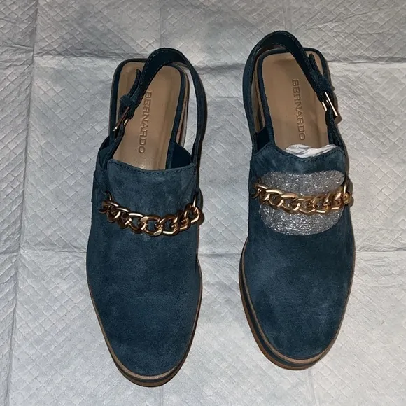 Bernardo Sochi Winter Lake Split Suede gold chain slingback clogs Boho shoes 8.5