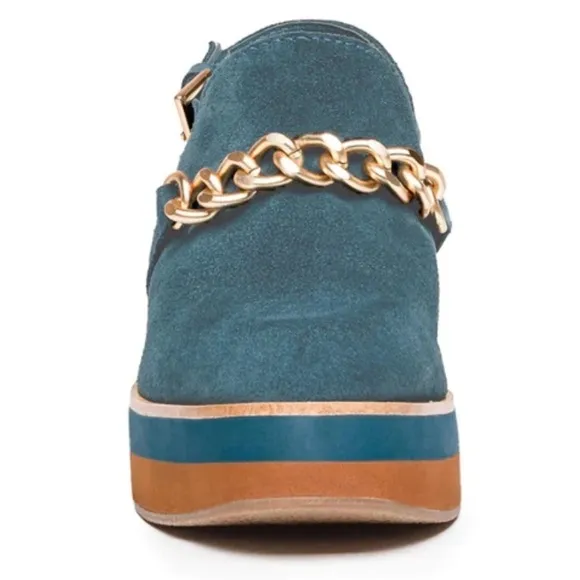 Bernardo Sochi Winter Lake Split Suede gold chain slingback clogs Boho shoes 8.5