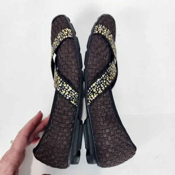 Bernie Mev Point Ballet Flat Womens 37 Brown Metallic Studded Straps Woven