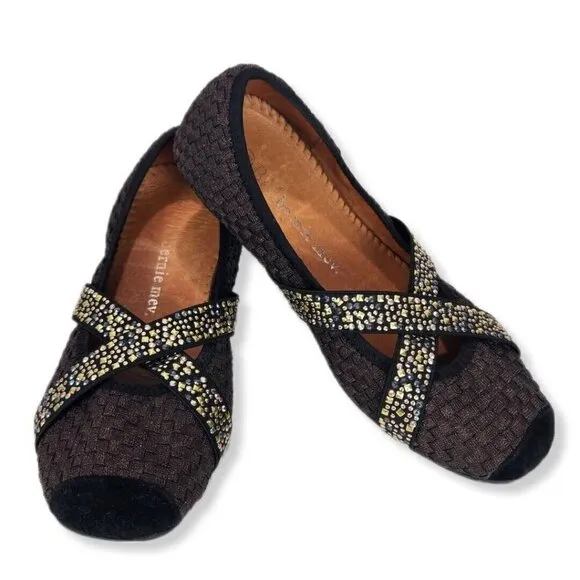 Bernie Mev Point Ballet Flat Womens 37 Brown Metallic Studded Straps Woven