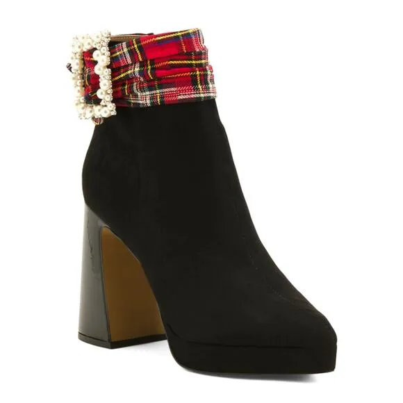 BETSEY JOHNSON Idris Dress Heel Ankle Booties Black Red Multi Plaid Sz 8.5M New