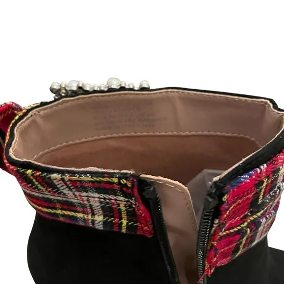 BETSEY JOHNSON Idris Dress Heel Ankle Booties Black Red Multi Plaid Sz 8.5M New