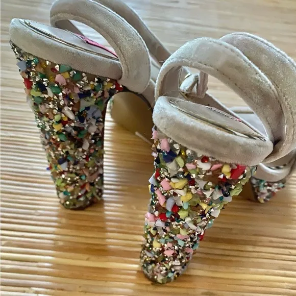 Betsey Johnson Kenna Embellished Platform Sandals Pink 6 Tan Bling Rock Heels