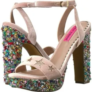Betsey Johnson Kenna Embellished Platform Sandals Pink 6 Tan Bling Rock Heels