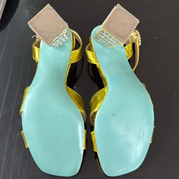 Betsey Johnson SB-Bell Yellow Gold Metallic Crystal Embellished Heel Sandals 8.5