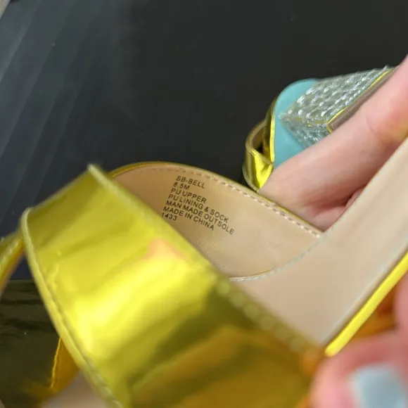 Betsey Johnson SB-Bell Yellow Gold Metallic Crystal Embellished Heel Sandals 8.5
