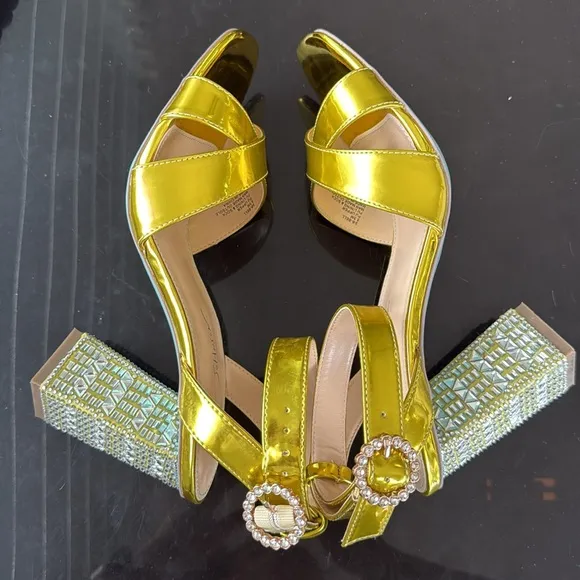 Betsey Johnson SB-Bell Yellow Gold Metallic Crystal Embellished Heel Sandals 8.5