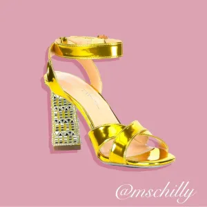 Betsey Johnson SB-Bell Yellow Gold Metallic Crystal Embellished Heel Sandals 8.5