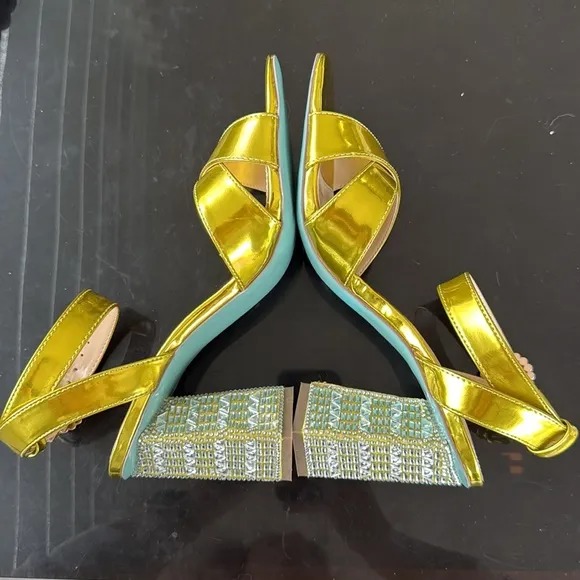 Betsey Johnson SB-Bell Yellow Gold Metallic Crystal Embellished Heel Sandals 8.5