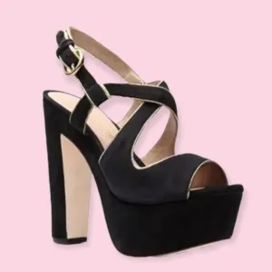 Black &amp; Metallic Gold Velvet Suede Retro Platform Strappy Block Heels Size 6