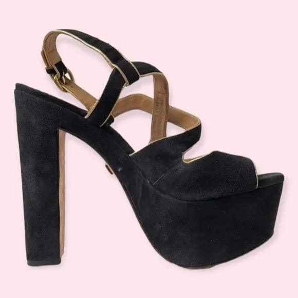Black &amp; Metallic Gold Velvet Suede Retro Platform Strappy Block Heels Size 6