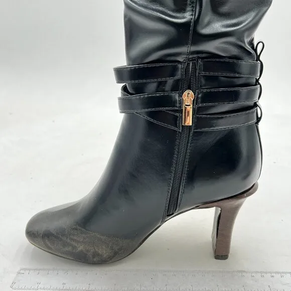 Black Knee High Long Boots Closed Toe Chunky Heel Side Zipper Winter Shoes