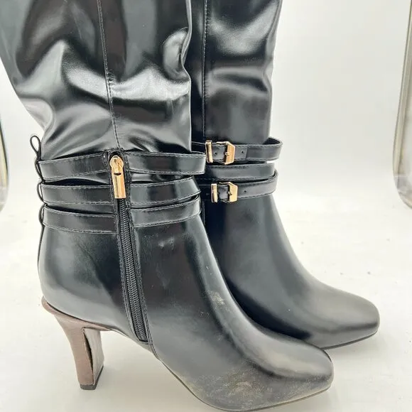 Black Knee High Long Boots Closed Toe Chunky Heel Side Zipper Winter Shoes