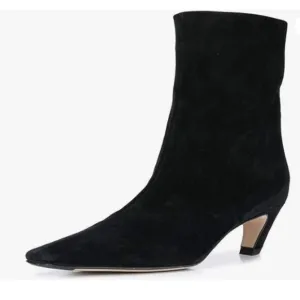 Black Square Toe Comfort Kitten Low Heel Ankle Boot Pull On Bootie Winter Shoes