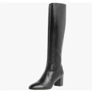 Black Women Pointed Toe Knee High Boot Chunky Heel Riding Boots Side Zipper Shoe