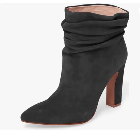 Black Women Slouch Ankle Boot Pointed Toe Chunky High Heel Pull On Winter Boot