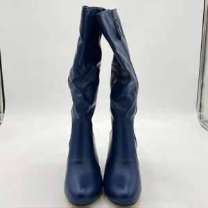 Blue Women Trendy Round Toe Chunky Low Heel Stylish Side Zipper Knee High Boots