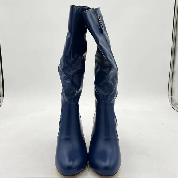 Blue Women Trendy Round Toe Chunky Low Heel Stylish Side Zipper Knee High Boots