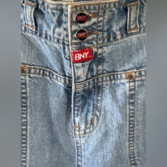 BNY Bunny Jean Size 28 Denim Midi Skirt Y2K Western Deep Front Pockets Back Slit