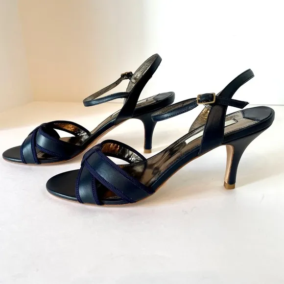 Boden Navy Blue Leather Poppy Heels Almond Toe Sandals 40 NEW Made in Spain