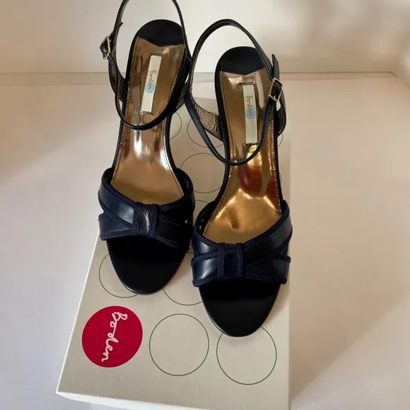 Boden Navy Blue Leather Poppy Heels Almond Toe Sandals 40 NEW Made in Spain
