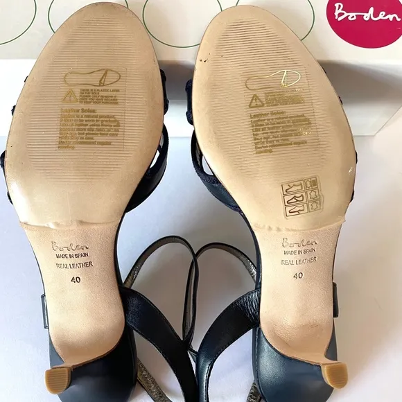 Boden Navy Blue Leather Poppy Heels Almond Toe Sandals 40 NEW Made in Spain