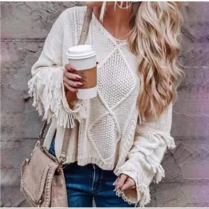 BOHEMIAN FRINGE WHITE CREAM KNIT SWEATER