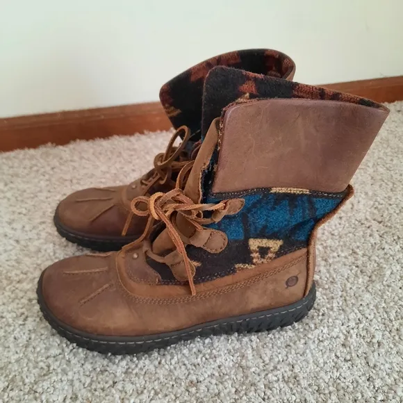 Born Kelisa Brown Leather Aztec Felt Lace-up Combat Boots Size 6.5