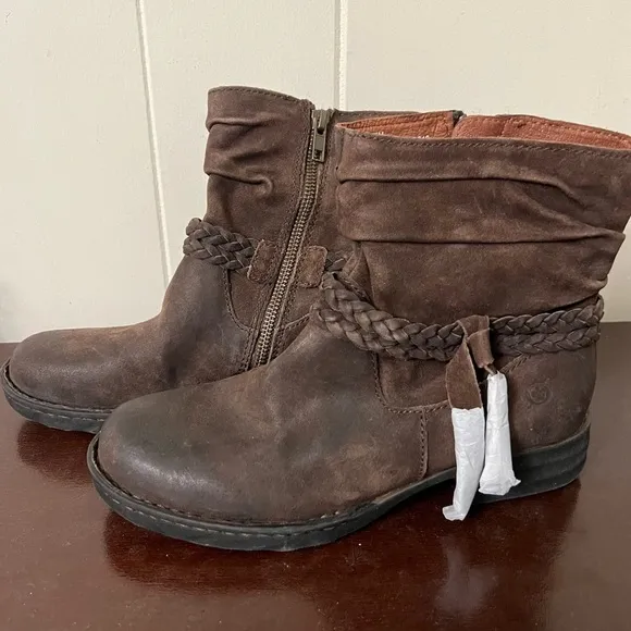 Born Ouvea Slouch Ankle Boots brown leather braided band 6.5 NWT
