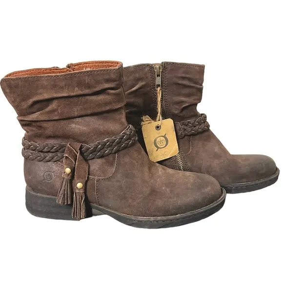 Born Ouvea Slouch Ankle Boots brown leather braided band 6.5 NWT