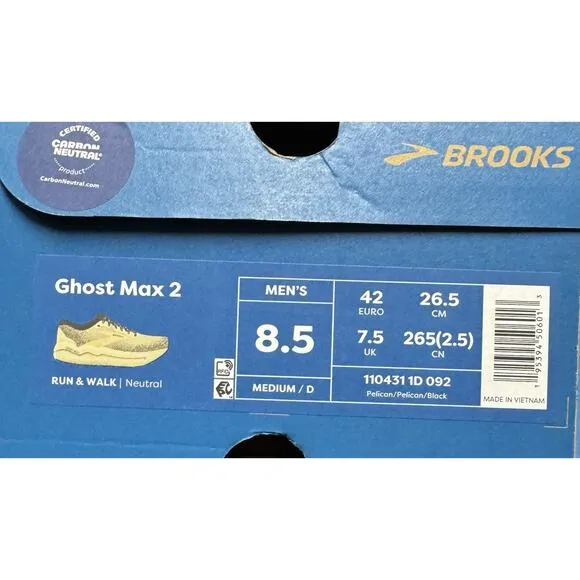 Brand New Men Brooks Ghost Max 2 Pelican Tan Beige Running 1104311D092 Size 8.5