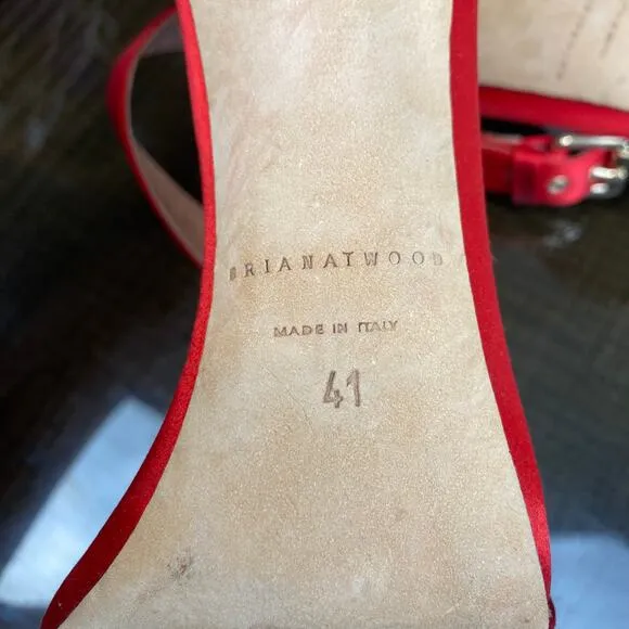 Brian Atwood Red Hot Babe Sandals Stilettos Satin Open Toe Heels Women's 41