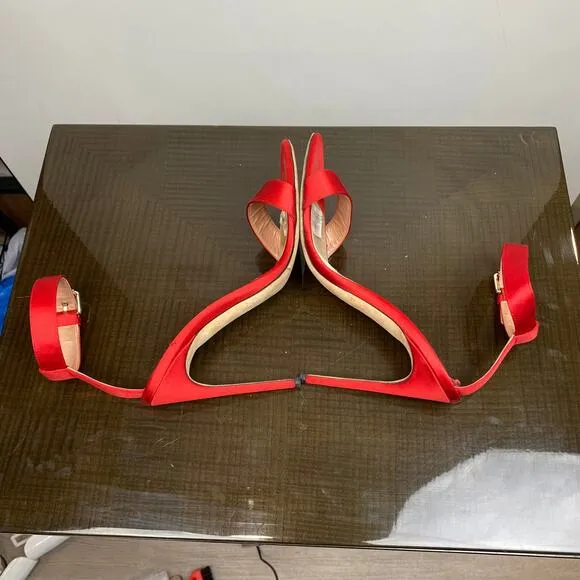 Brian Atwood Red Hot Babe Sandals Stilettos Satin Open Toe Heels Women's 41